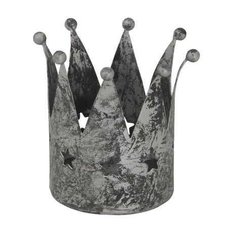 Hill Interiors Antique Silver Crown Tealight Holder in aged metal with pointed tips, ball finials and small star cut-outs, on a plain background.