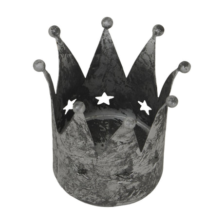 Hill Interiors Antique Silver Crown Tealight Holder in aged metal with pointed tips, ball finials and cut-out stars, shown on a plain white background.