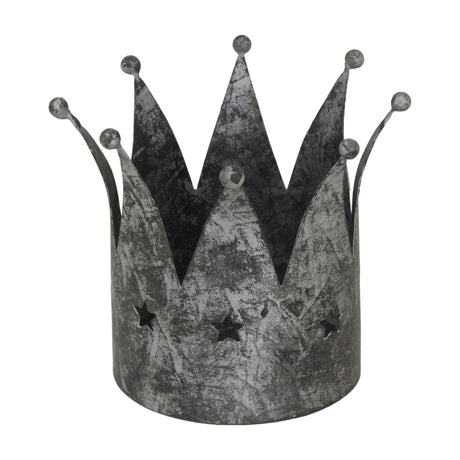 Hill Interiors antique silver crown candle holder in aged metal with pointed ball-tipped peaks and small star cut-outs, shown on a plain white background.