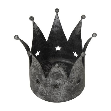 Hill Interiors Antique Silver Crown Candle Holder in tarnished metal with pointed tips, ball finials and star cut-outs, shown on a white background.