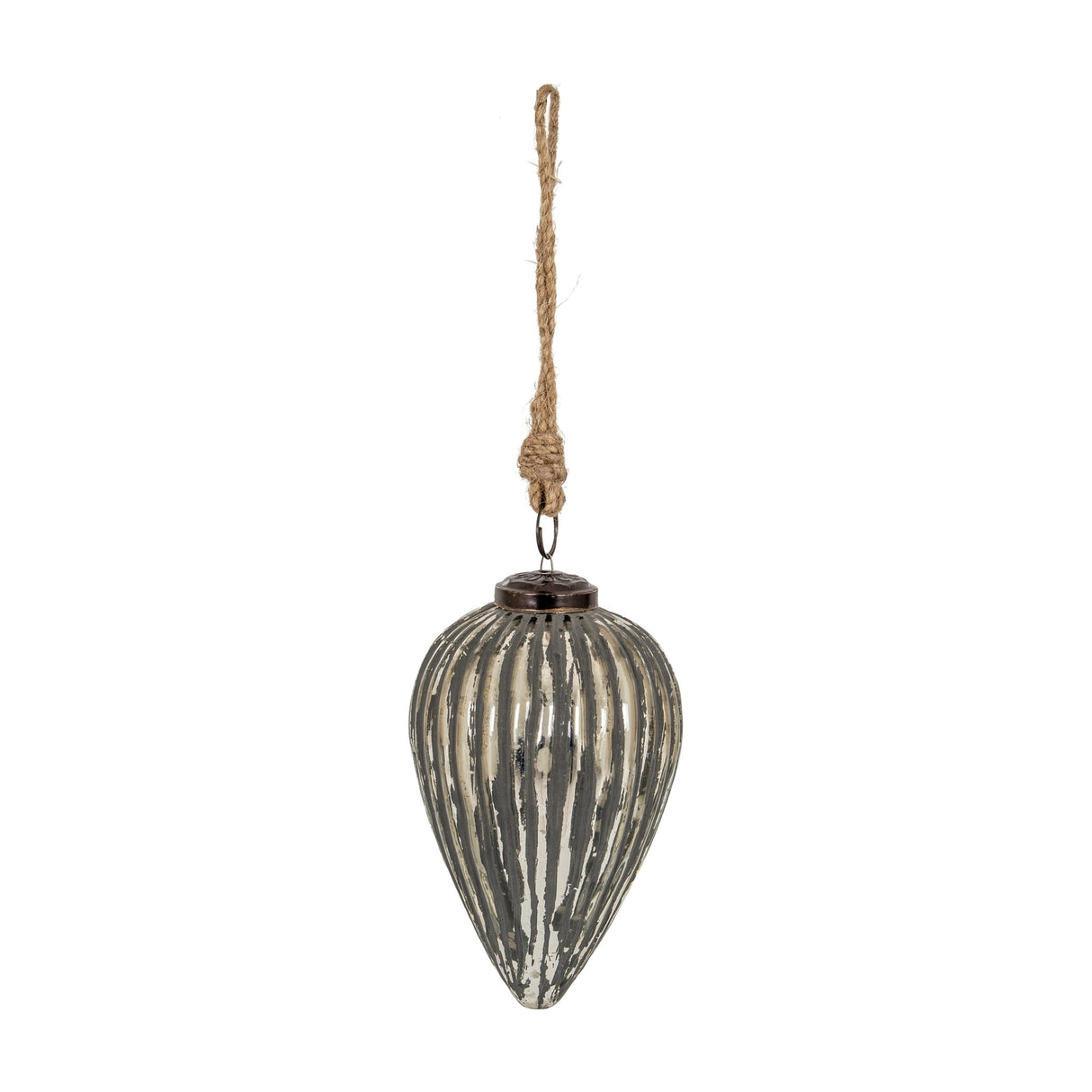 Hill Interiors Large Cone Bauble in ribbed metallic silver glass with jute rope hanger, shown against a plain white background.