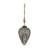 Hill Interiors Large Cone Bauble in ribbed metallic silver glass with jute rope hanger, shown against a plain white background.