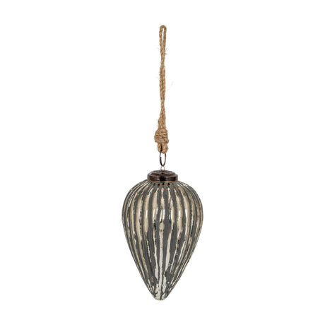 Hill Interiors Large Cone Bauble in ribbed metallic silver glass with jute rope hanger, shown against a plain white background.