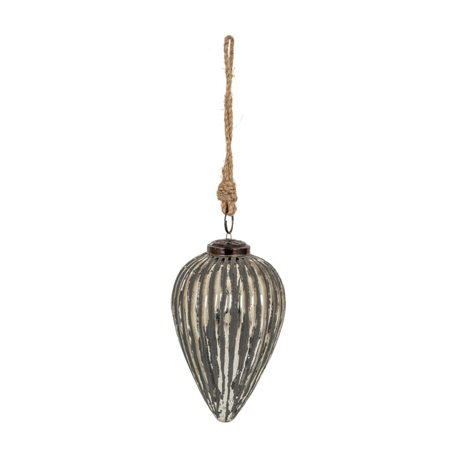 Hill Interiors Large Cone Bauble in ribbed metallic silver glass with jute rope hanger, shown against a plain white background.