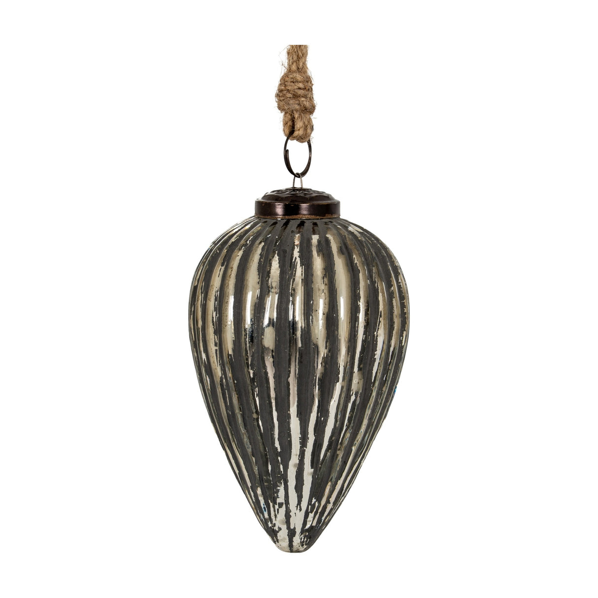 Hill Interiors large cone bauble in ribbed metallic silver glass with distressed finish, hanging from a jute rope loop against a white background.