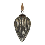 Hill Interiors large cone bauble in ribbed metallic silver glass with distressed finish, hanging from a jute rope loop against a white background.