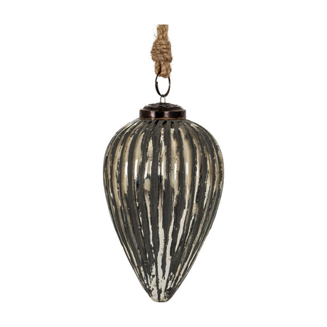 Hill Interiors large cone bauble in ribbed metallic silver glass with distressed finish, hanging from a jute rope loop against a white background.