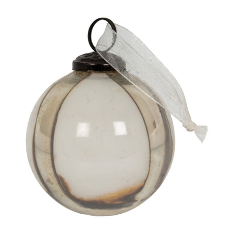 Hill Interiors glass bauble in graduated brown with dark metal cap, loop and sheer white ribbon, from the 8cm set of 6, on a white background.