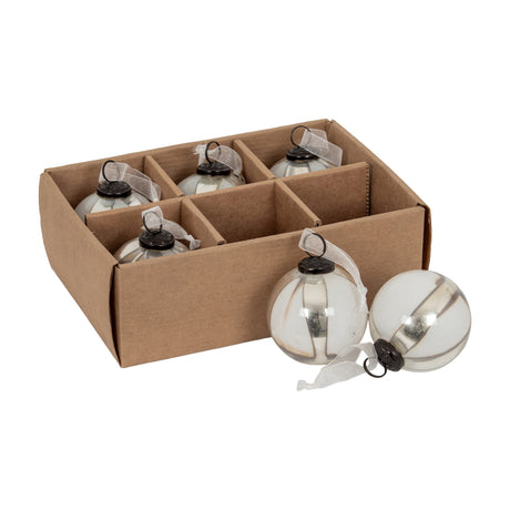 Hill Interiors set of 6 glass baubles in a kraft compartment box, two 8cm silver and white striped baubles with dark caps and sheer ribbons beside it.