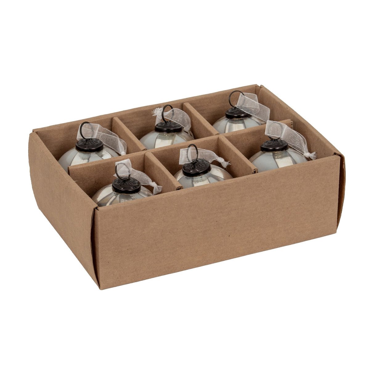 Hill Interiors set of six 8cm glass baubles in graduated brown with dark caps and sheer ribbon loops, arranged in a compartmented kraft box.