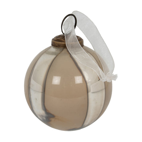 Hill Interiors Set of 6 Glass Baubles in silver, shown as a single round ribbed bauble with graduated silver finish, brass loop and sheer white ribbon.