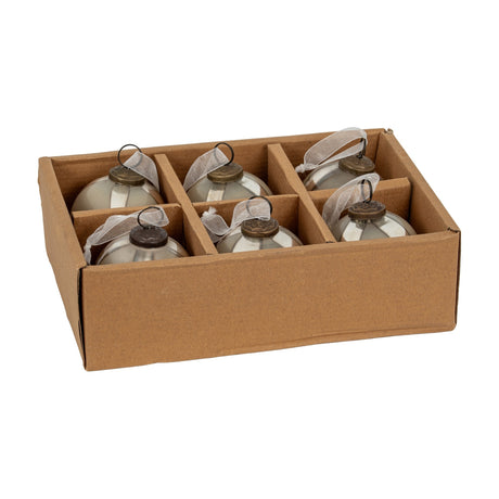 Hill Interiors set of 6 silver glass baubles with antique-style caps and sheer ribbon loops, packaged in a compartmented kraft cardboard box.