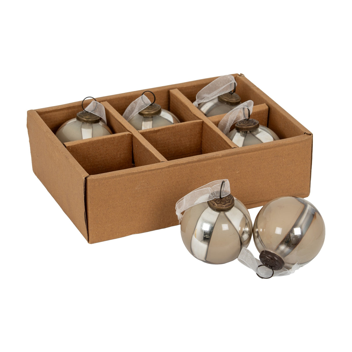 Hill Interiors Set of 6 Glass Baubles in silver, round with graduated metallic finish and sheer ribbon hangers, shown in a compartmented kraft box.