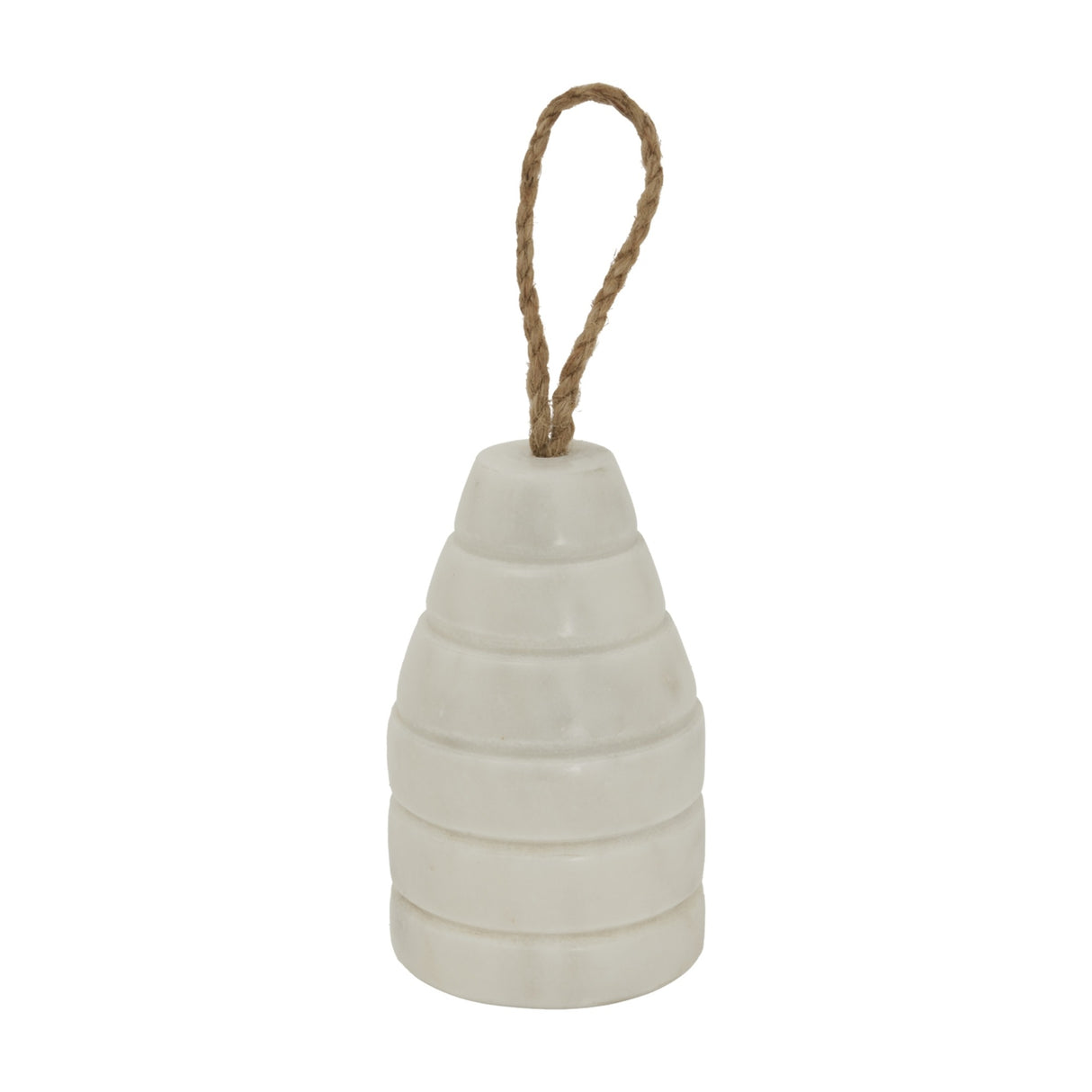 Hill Interiors Marble Ribbed Doorstop in white with a tapered ribbed body and jute rope loop handle, shown on a plain white background.