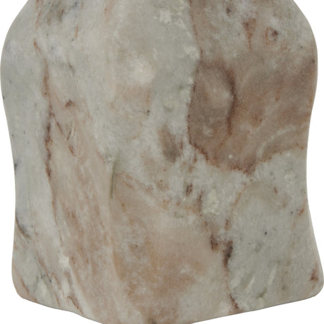 Hill Interiors Marble House Doorstop in white marble with soft grey and brown veining, shaped like a small pitched-roof cottage, shown close-up.