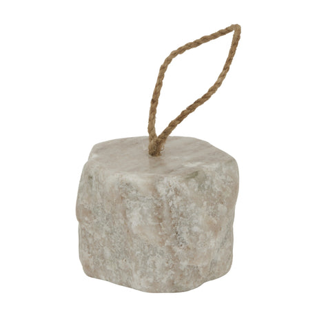 Hill Interiors Marble Doorstop in white with soft grey veining, polished cube form and a jute rope loop handle, shown on a plain background.