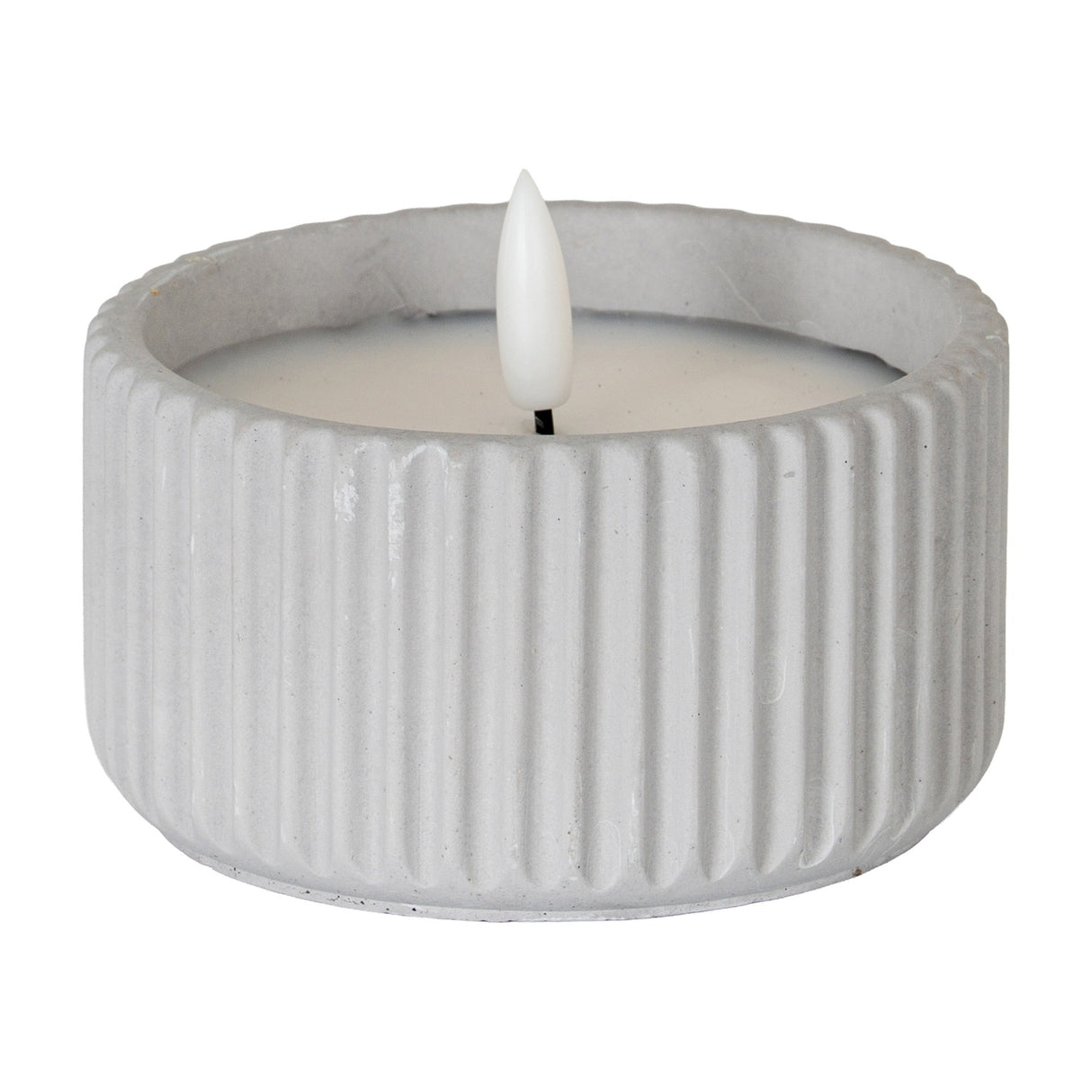 Hill Interiors Ribbed LED Pillar Candle in beige wax with vertical ribbing and a flameless LED flame tip, shown on a plain white background.