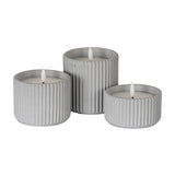Hill Interiors Ribbed LED Pillar Candle set of three in beige wax with ribbed chalk texture and flickering LED flames, on a plain white background.