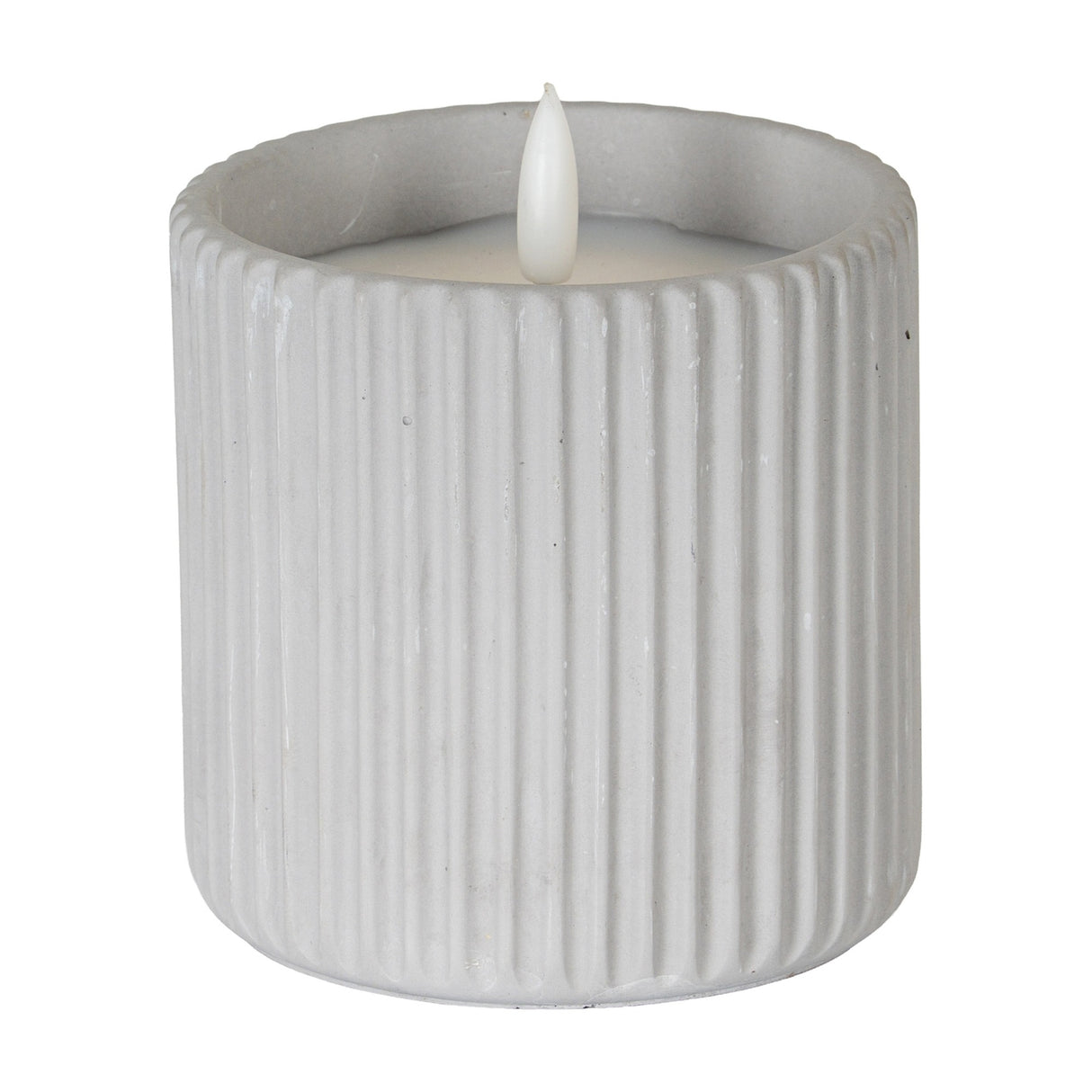 Hill Interiors Ribbed LED Pillar Candle in beige wax with a chalky matte finish and vertical ribbed texture, shown on a plain white background.