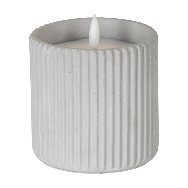 Hill Interiors Ribbed LED Pillar Candle in beige wax with a chalky matte finish and vertical ribbed texture, shown on a plain white background.