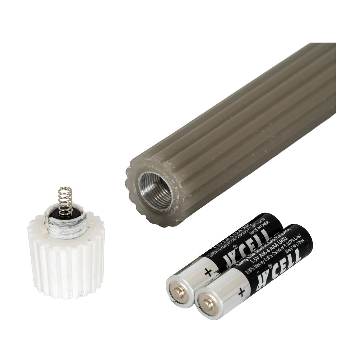 Ribbed beige taper candle base beside a white threaded holder cap with spring and two AAA batteries on a plain white background.