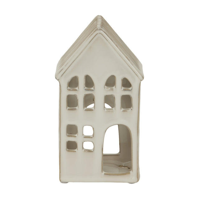 Hill Interiors Large White Ceramic House Tea Light Holder with pitched ridged roof, arched doorway and cut-out windows, shown on a plain white background.