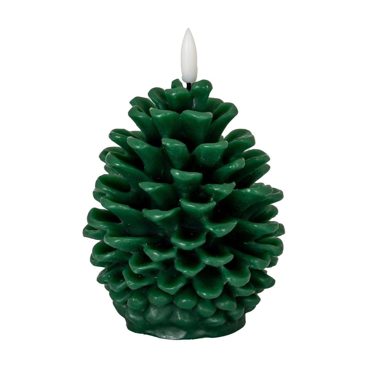 Hill Interiors Natural Glow LED wax candle shaped like a green pine cone with a white flickering LED tip, shown against a plain white background.