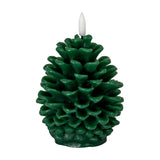 Hill Interiors Natural Glow LED wax candle shaped like a green pine cone with a white flickering LED tip, shown against a plain white background.