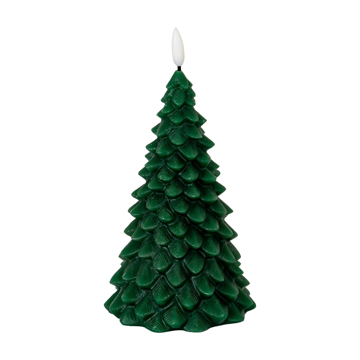 Hill Interiors Natural Glow green tree LED wax candle with textured pine branch detailing and a white flame-shaped tip, shown on a plain background.