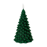 Hill Interiors Natural Glow green tree LED wax candle with textured pine branch detailing and a white flame-shaped tip, shown on a plain background.