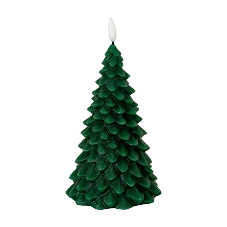 Hill Interiors Natural Glow green tree LED wax candle with textured pine branch detailing and a white flame-shaped tip, shown on a plain background.