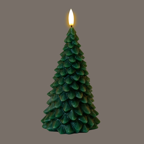 Hill Interiors Natural Glow Green Tree LED wax candle shaped as a layered pine tree with a warm flickering LED flame at the top, on a grey background.