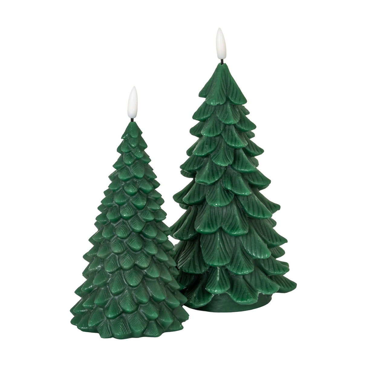 Hill Interiors Natural Glow green LED wax candles shaped as layered fir trees with white flame tips, shown against a plain white background.