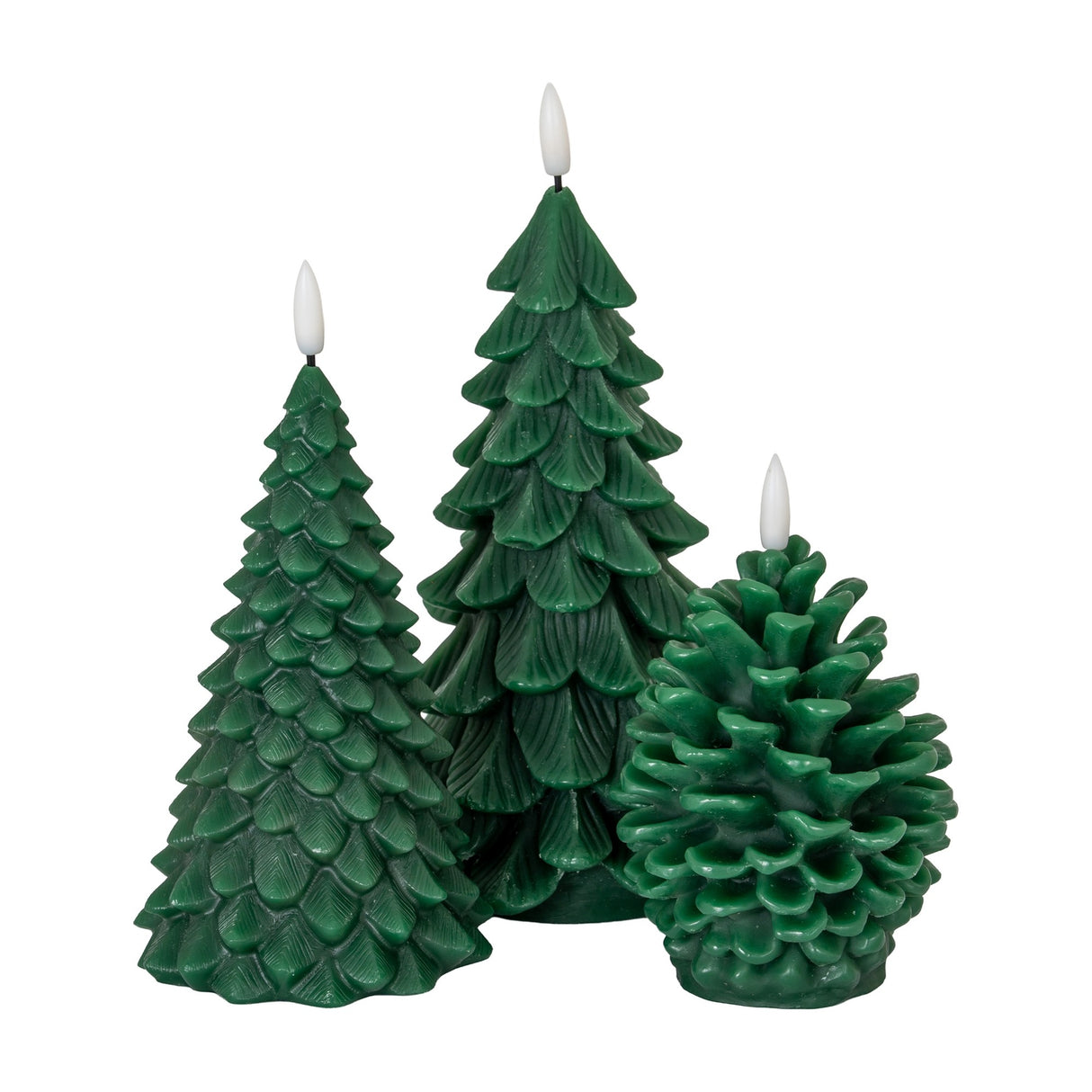 Hill Interiors Natural Glow green LED wax candles shaped as two Christmas trees and a pinecone with flickering flame tips on a white background.