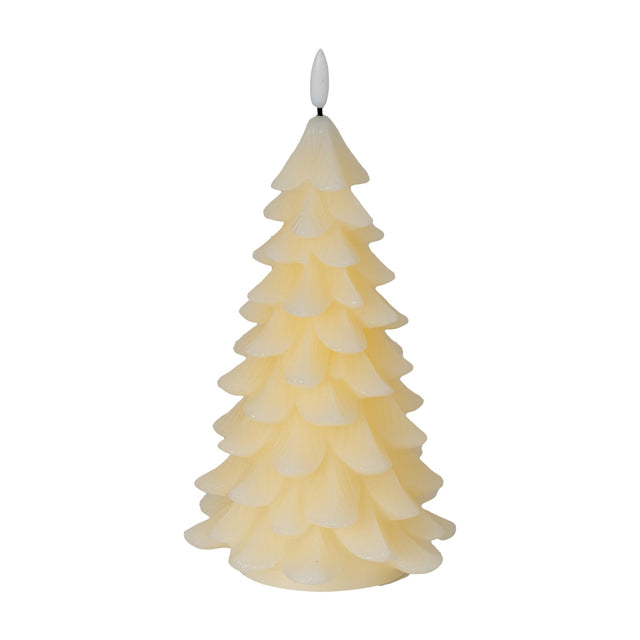 Hill Interiors Natural Glow LED wax tree candle in beige, moulded with tiered branches and a flameless flicker tip at the crown, on a white background.