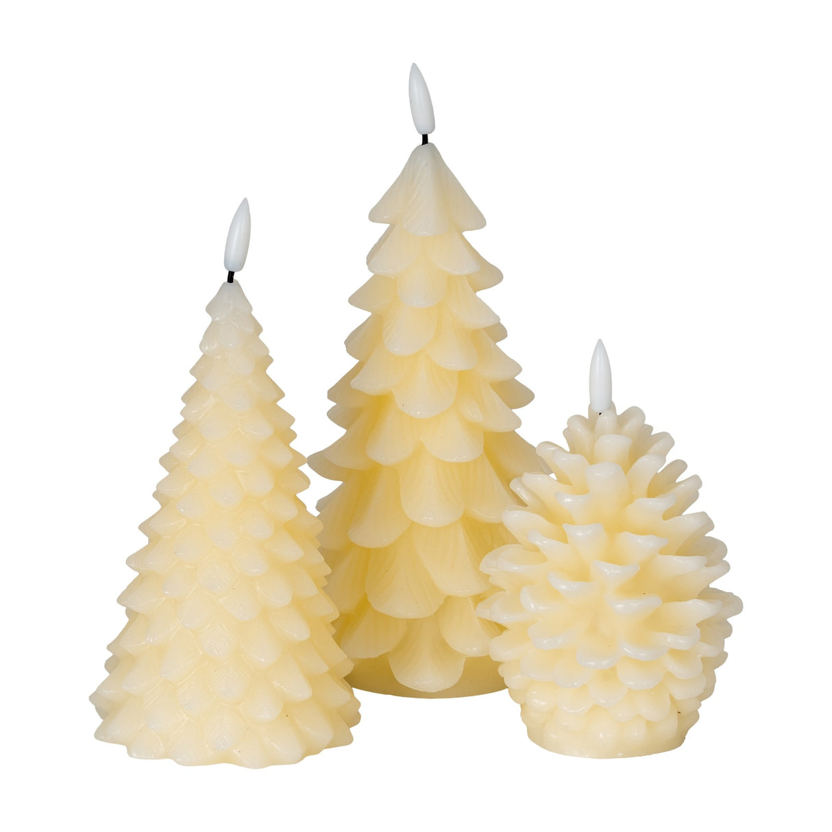 Hill Interiors Natural Glow LED wax tree candles in beige, grouped with a pinecone-shaped candle, each with a flameless flickering tip on a white background.