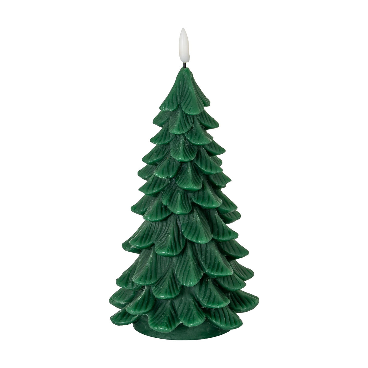 Hill Interiors Natural Glow Tree LED wax candle in green, moulded as a layered fir tree with a flameless flickering tip, shown on a plain white background.