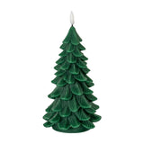Hill Interiors Natural Glow Tree LED wax candle in green, moulded as a layered fir tree with a flameless flickering tip, shown on a plain white background.