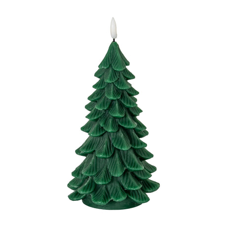Hill Interiors Natural Glow Tree LED wax candle in green, moulded as a layered fir tree with a flameless flickering tip, shown on a plain white background.