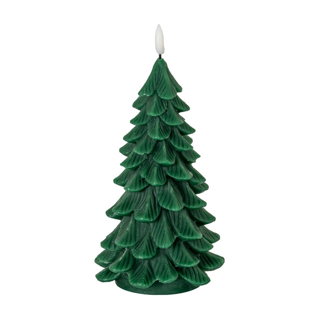 Hill Interiors Natural Glow Tree LED wax candle in green, moulded as a layered fir tree with a flameless flickering tip, shown on a plain white background.