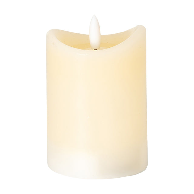 Hill Interiors Natural Glow LED pillar candle in beige plastic with a melted-effect top and white flame-shaped tip, shown on a plain white background.