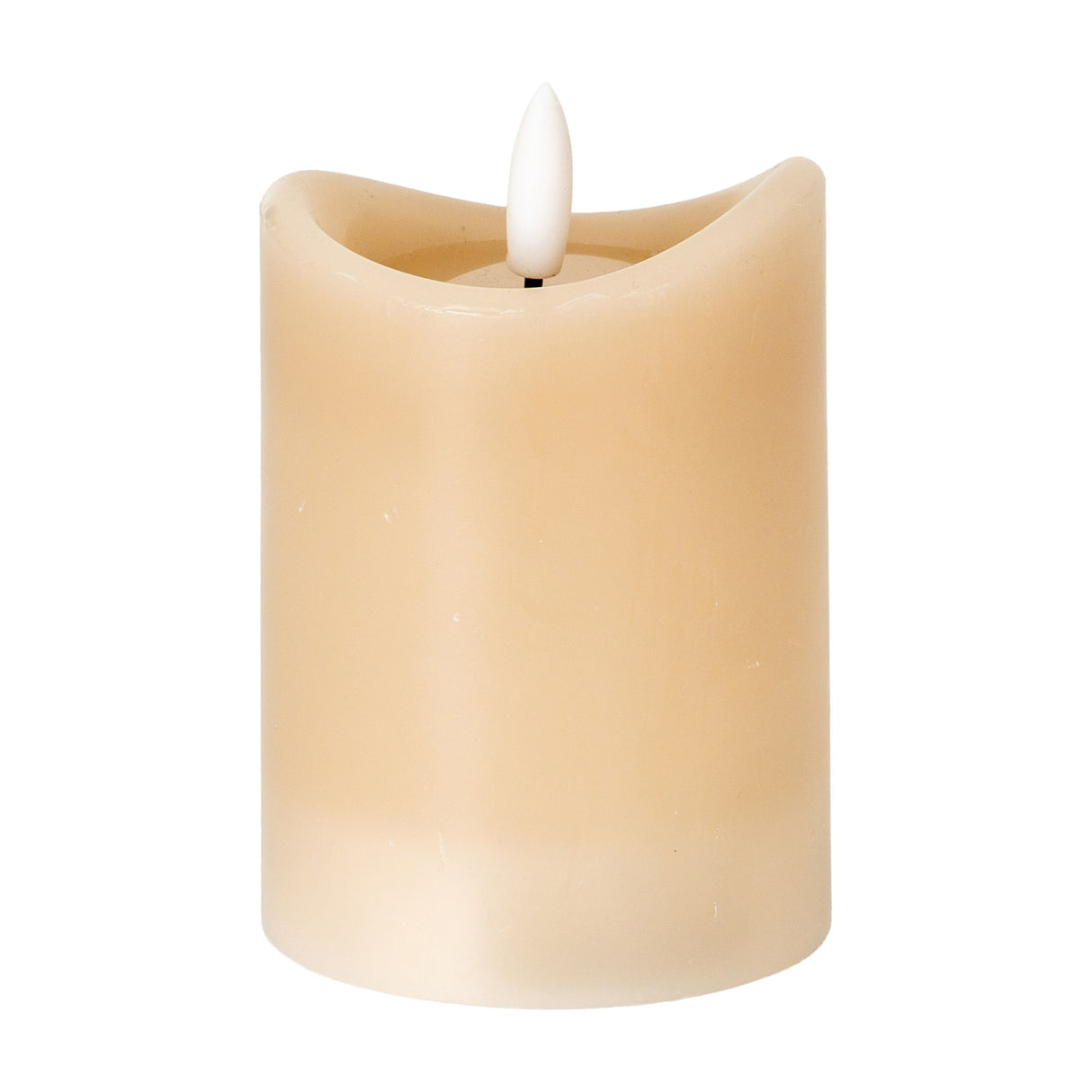 Hill Interiors Natural Glow Melted LED pillar candle in beige plastic with a melted-wax finish and flickering white LED flame, on a plain white background.