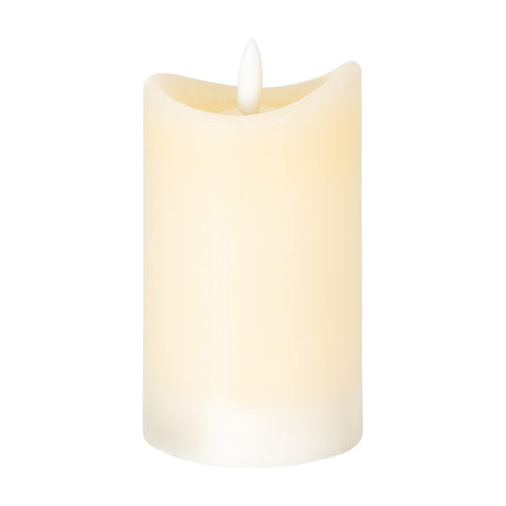 Hill Interiors Natural Glow LED pillar candle in cream-beige plastic with a melted-effect top edge and flickering flame tip, shown on a plain white background.