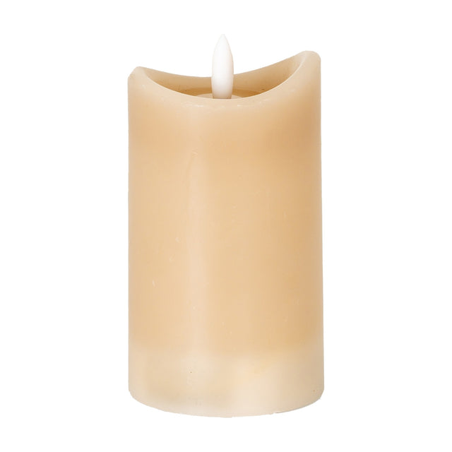 Hill Interiors Natural Glow beige LED pillar candle with a melted-edge top and flickering flame-shaped bulb, shown against a plain white background.