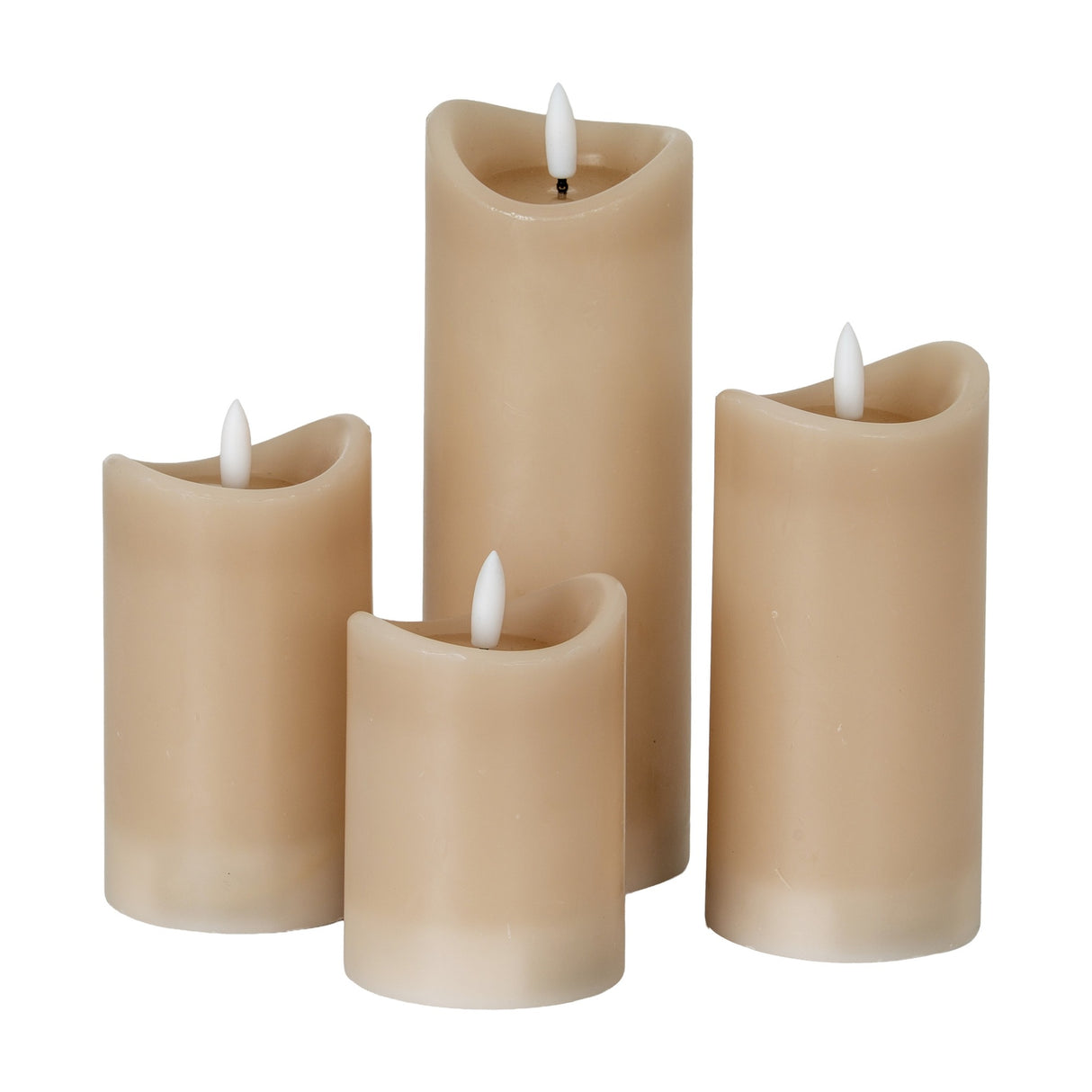 Hill Interiors Natural Glow beige LED pillar candles in four varying heights with melted-edge tops and white flickering flames on a plain background.
