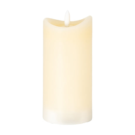 Hill Interiors Natural Glow Melted LED pillar candle in beige plastic with a realistic melted top edge and flickering flame tip, on a plain white background.