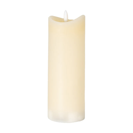Hill Interiors Natural Glow LED pillar candle in beige plastic with a melted-edge top and flickering flame effect, shown on a plain white background.