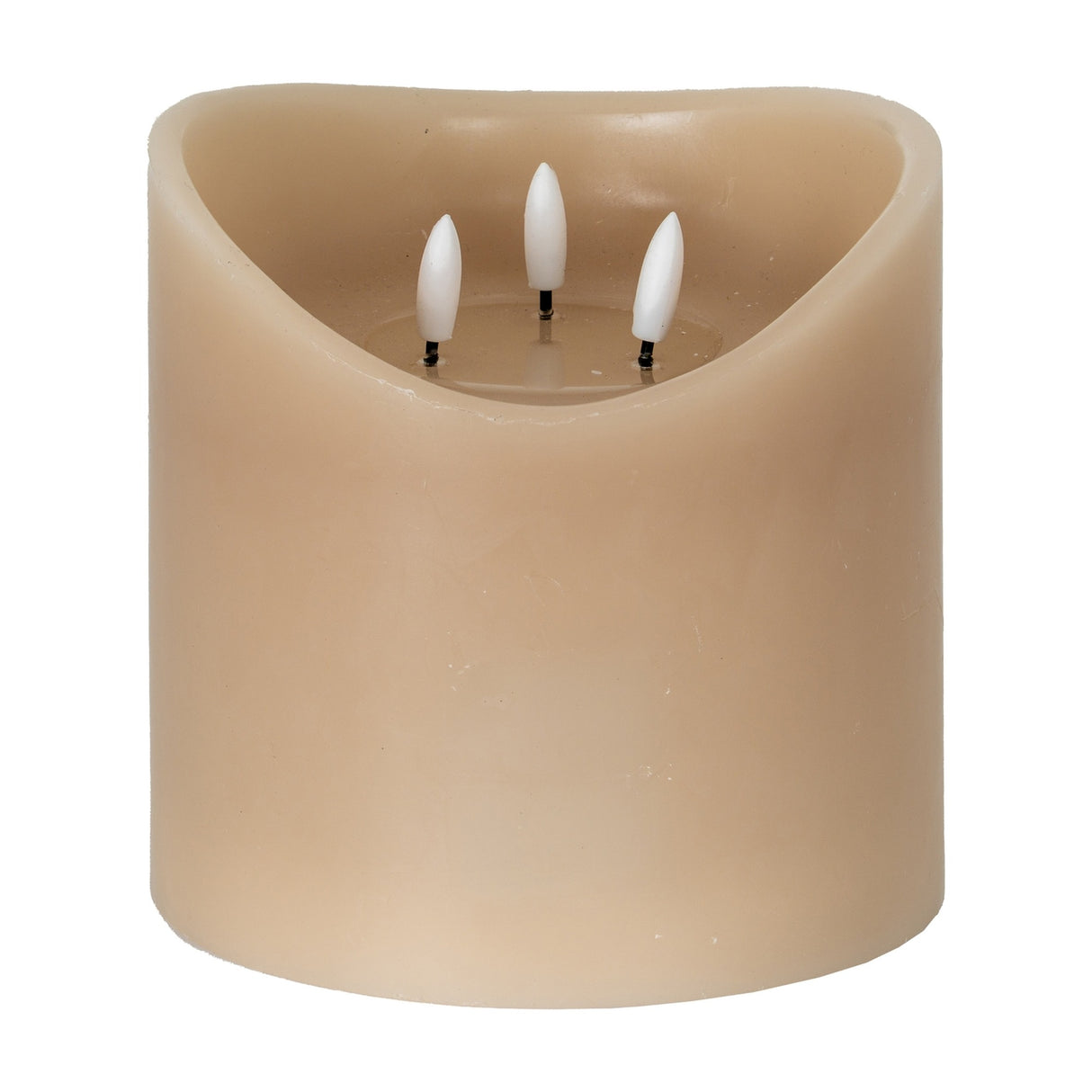 Hill Interiors Natural Glow beige LED pillar candle with a melted top and three flickering LED wicks, shown on a plain white background.