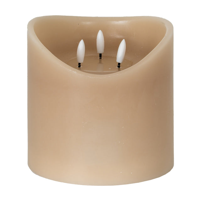 Hill Interiors Natural Glow beige LED pillar candle with a melted top and three flickering LED wicks, shown on a plain white background.