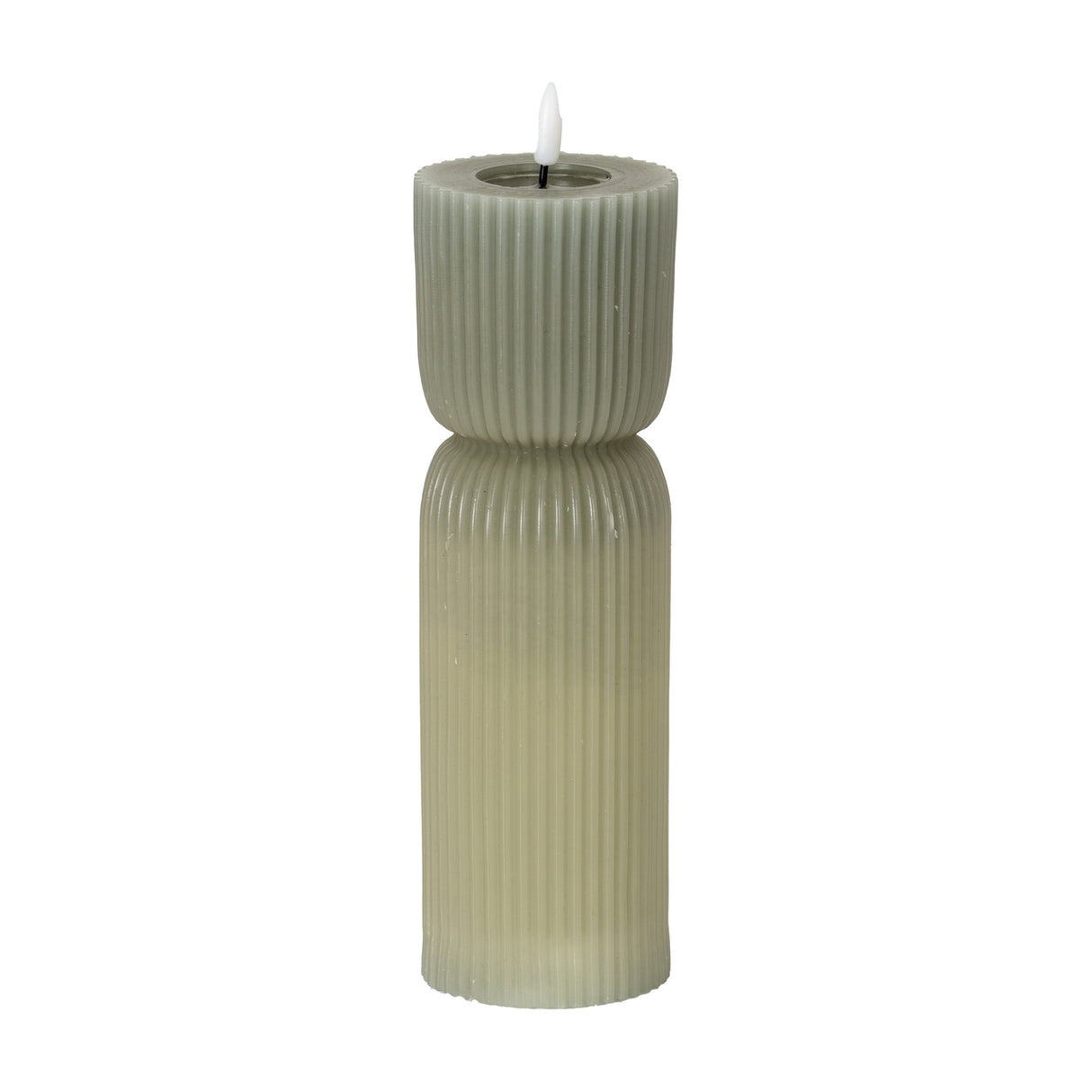 Hill Interiors Natural Glow carved LED pillar candle in beige, with ribbed plastic surface and flickering flame-shaped tip, shown on a white background.